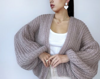 Mohair Cardigan Damen MohairPullover Beige Strickmantel Jacke