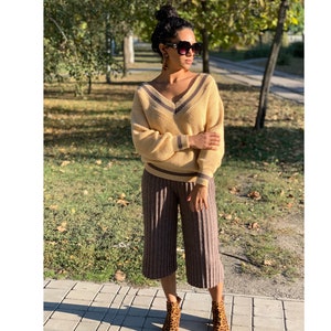 Knitted beige set sweater pants/Pleated Pants/Cream Cable/Knit Set Suit/Two Piece/knit Sweater/Culottes/pleated/beige set/wide pants