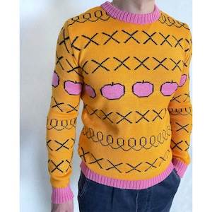 Hand knit yellow sweater Yellow pink orange X knit apples pullover Men’s knitted sweater Pink apples