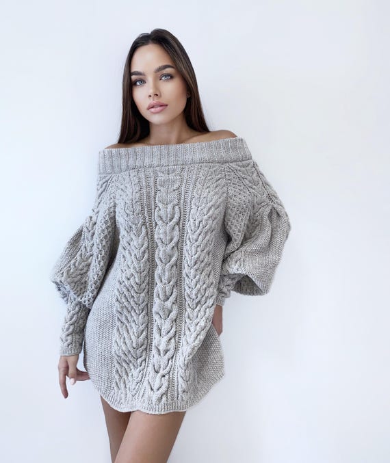 Hand knit gray Beige melange Pastel off shoulder wool sweater dress Bohemian sweater Cable knit mini dress Knitted tunic Chunky knit sweater Hand knit gray Beige melange Pastel off shoulder wool sweater dress Bohemian sweater Cable knit mini dress Knitted tunic Chunky knit sweater