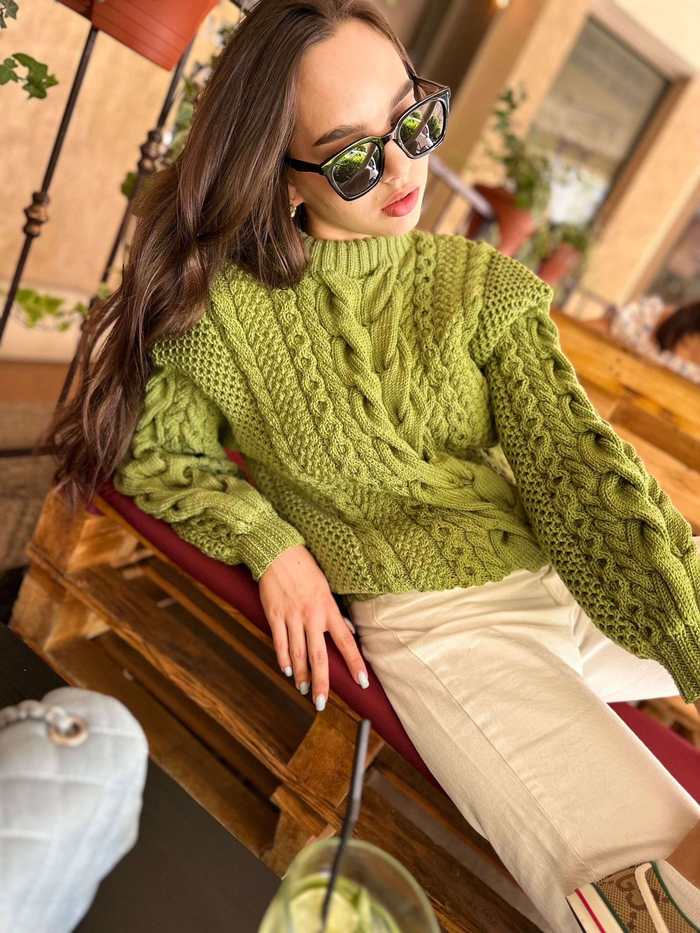Green Olive Pistachio Thick Merino Wool Knit Sweater for Women