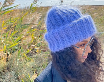 Mohair winter hat blue women Beanie hat blue Knitted fluffy hats Winter accessories Blue mohair Gift for her