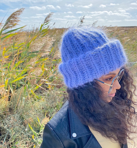 Women\'s Handknitted Hat Mohair Yarn Blue XL Blue Mohair Beanie - Etsy main image 4