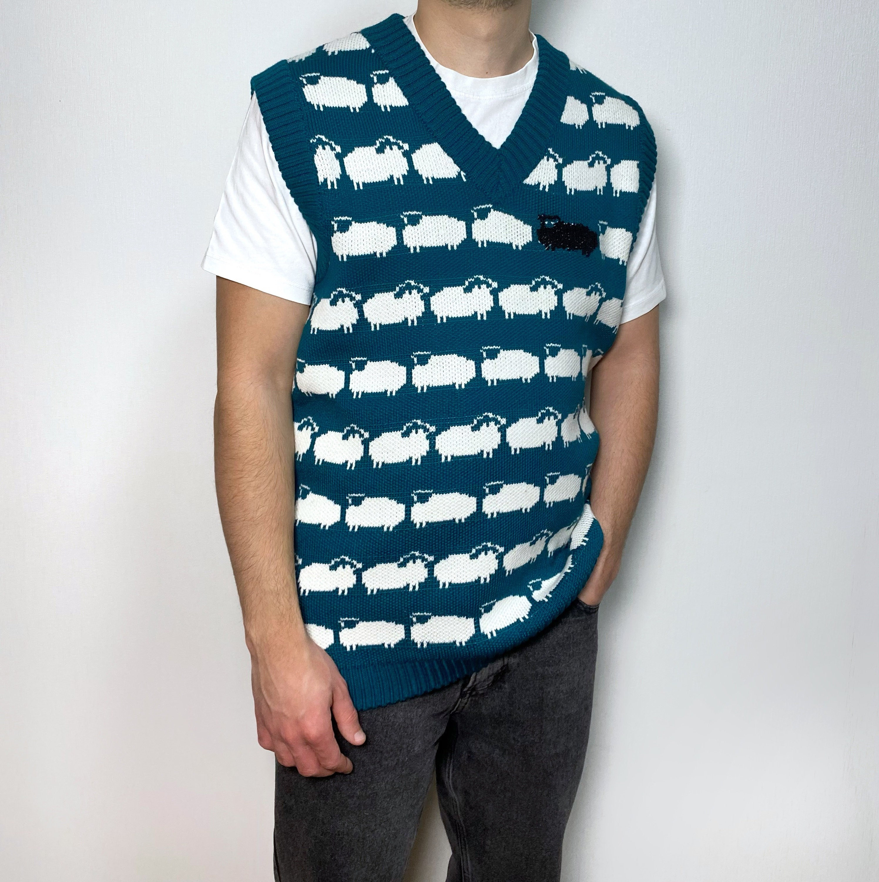 Emerald Green Knit Vest White Black Sheep for Men Knit Merino