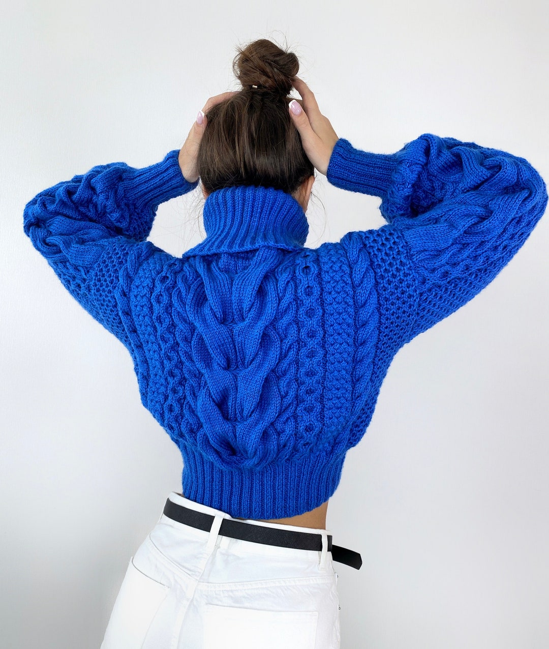 Crop Hand Knitted Blue Sweater Chunky Knit Turtleneck Oversized