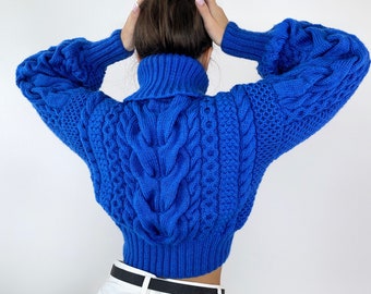 Crop hand knitted blue sweater Chunky Knit Turtleneck Oversized Pullover Women&#39;s Cable knit Jumper merino wool winter sweater