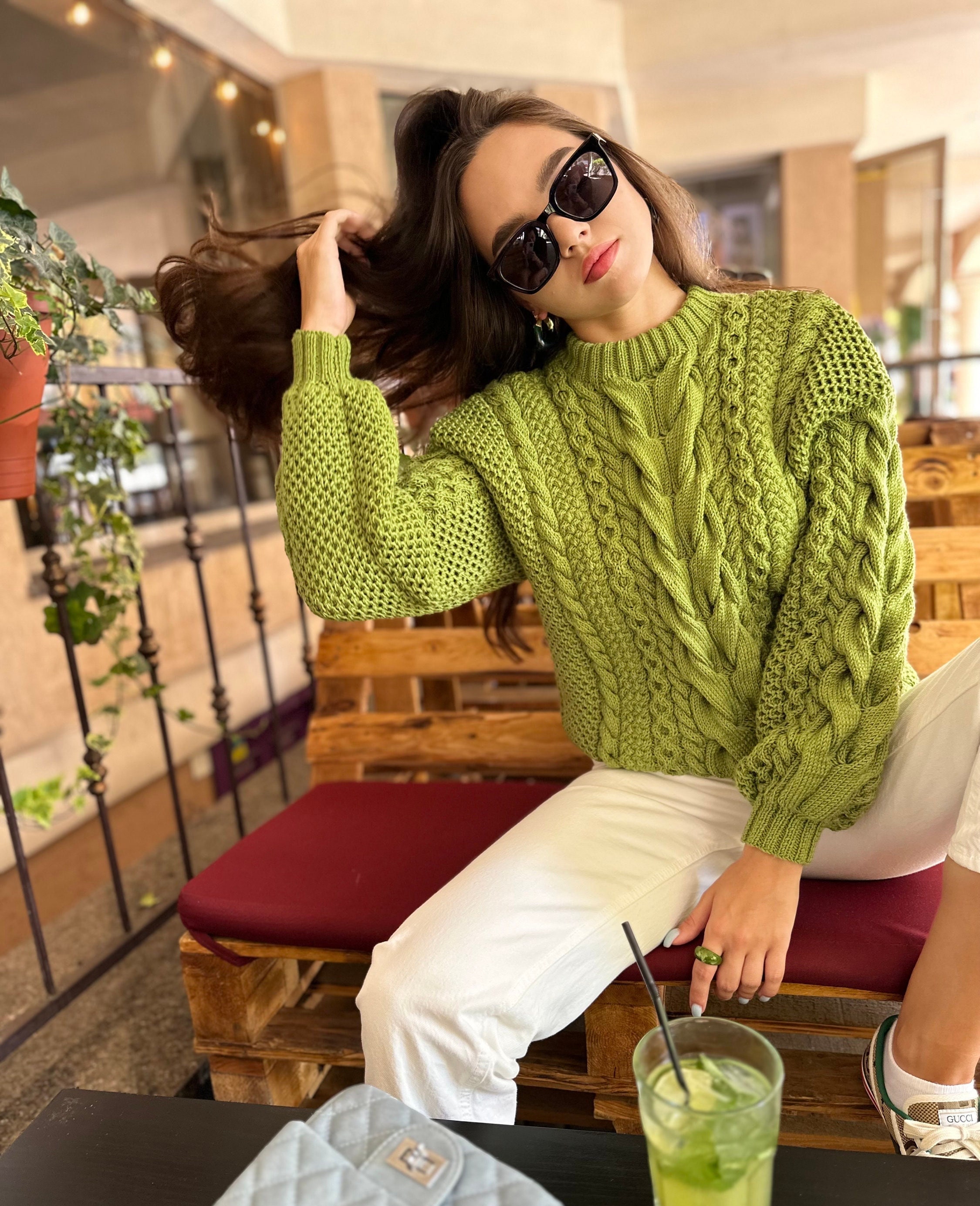 Green Olive Pistachio Thick Merino Wool Knit Sweater for Women