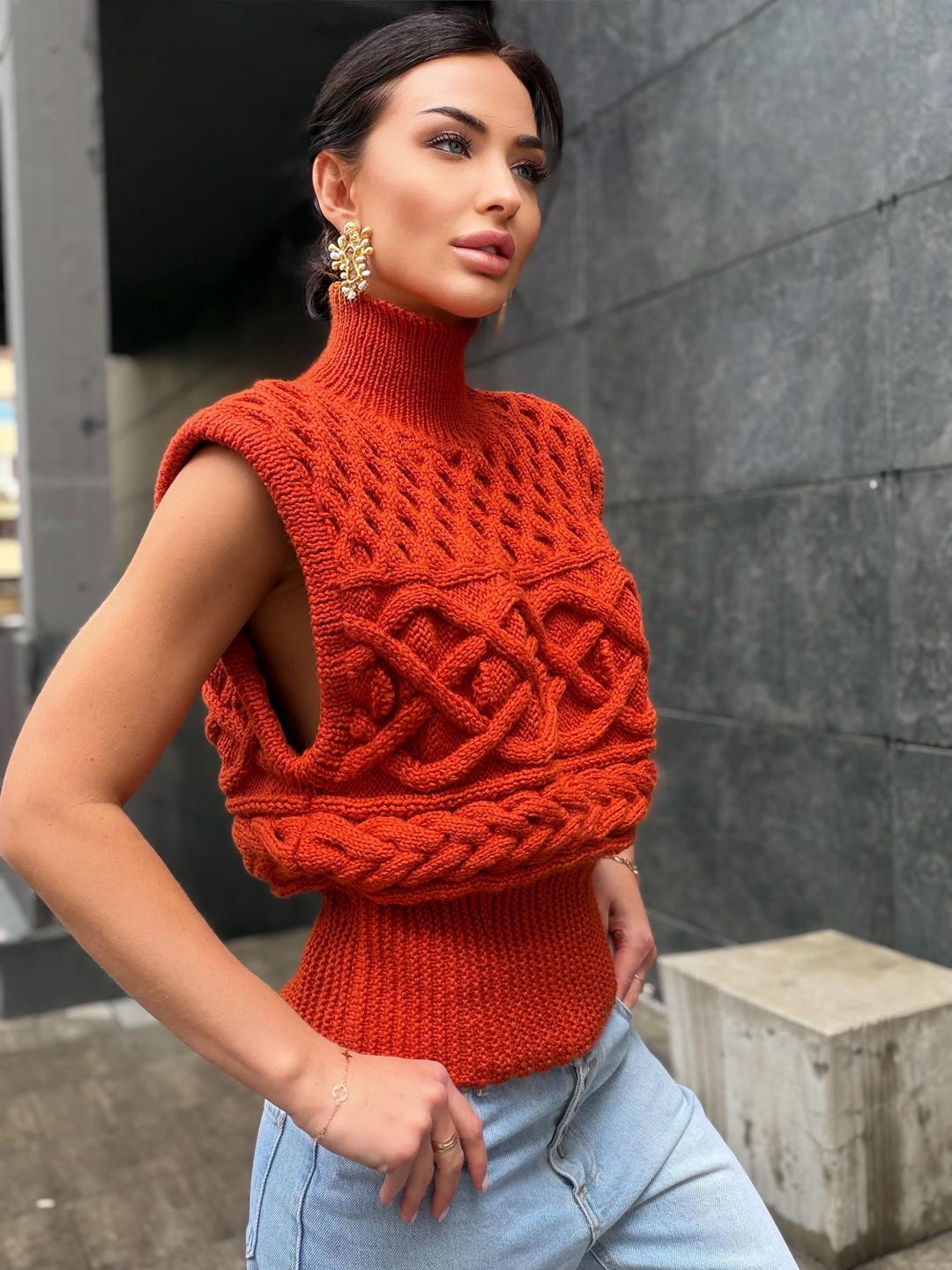 トップス TODAYFVL_Hand Knit Vest Hand Knit Woool Chunky Orange Hand Knit Sweater Vest Women Cable