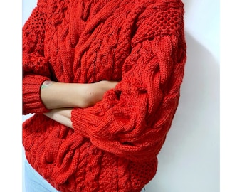 Red knit sweater women/knitted jumper/7/8 sleeve/Cable knitting/Loose knit/Oversized/Knitted sweater/women red knitted sweater/
