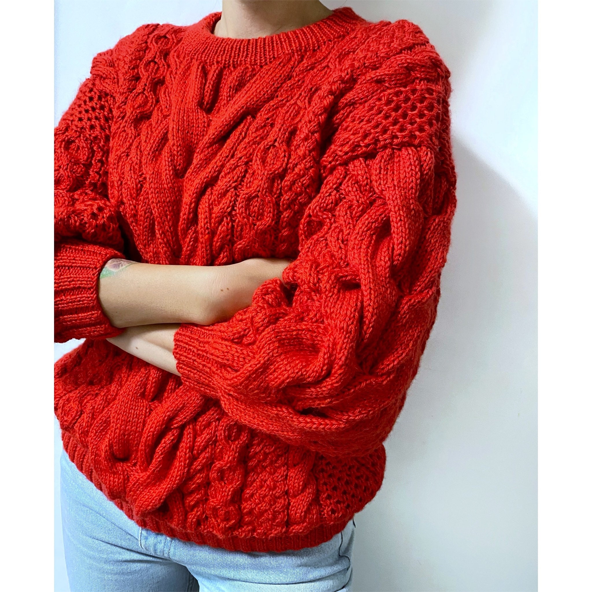 Red Knit Wool Sweater Women knitted Jumper 7 8 Sleeve Cable Knitting Loose Knit Oversized Womens Red Knitted Sweater Etsy UK
