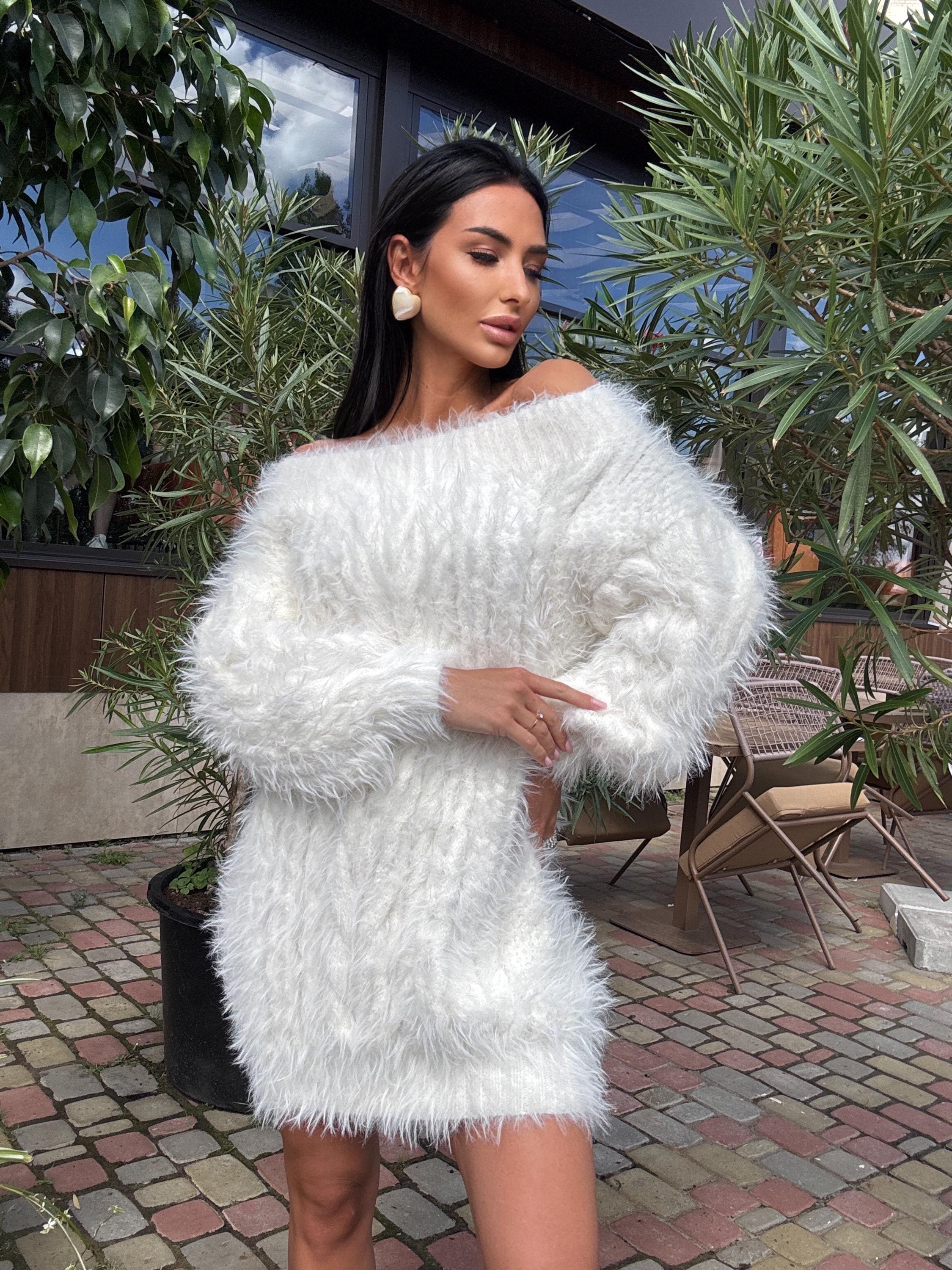 fitted lace wedding dress COZY GIRL CHIC FUZZY KNIT MINI DRESS WITH LONG SLEEVES – AKIRA main image 0