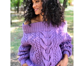 Violetter Strickpullover aus Wolle und Baumwolle, lavendelfarbener Strickpullover, lila Oversize-Pullover, Zopfmusterpullover, grob gehäkelter Pullover, locker gestrickt