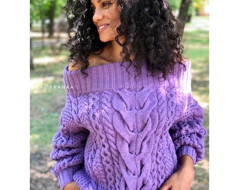 Violet Knit Sweater Ruban/violet knitted pullover/purple sweater/ Oversized sweater/ Cable knit sweater/Crochet chunky sweater/Loose knit/