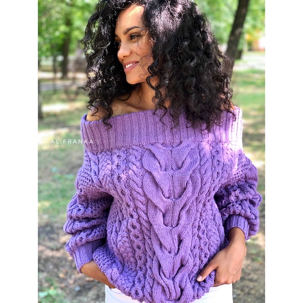 Violett Strick Pullover Ruban/lila Strickpullover/Lila Pullover/Oversized Pullover/Zopfpullover/Gehäkelter Grobstrick Pullover/Lockerer Pullover/