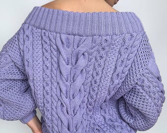 Lavendelfarbener, handgestrickter Baumwollpullover, violetter Strickpullover, lila Oversize-Pullover, Zopfmusterpullover, grob gehäkelter Pullover, locker gestrickt
