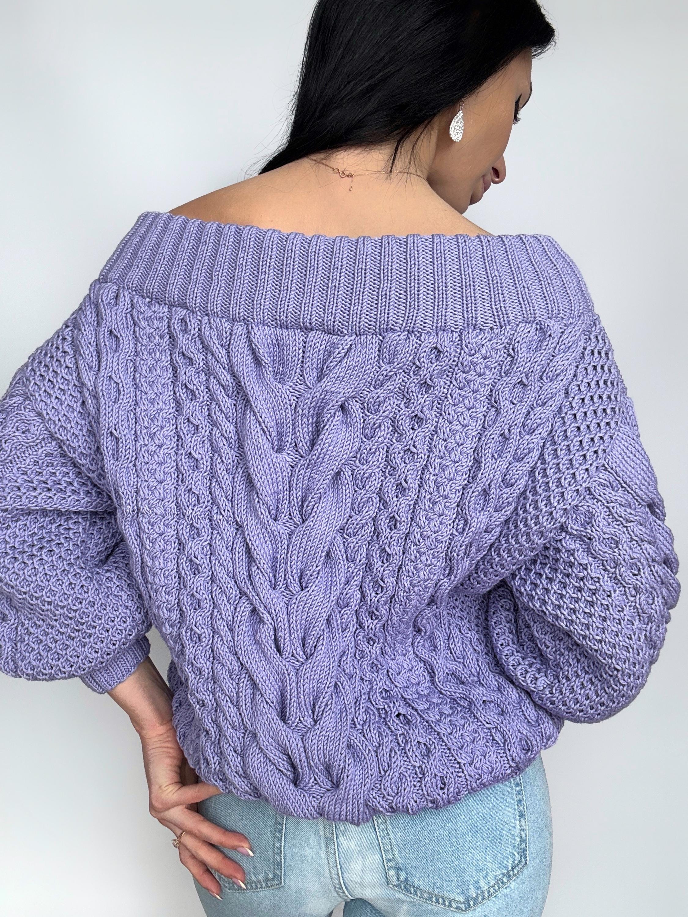 Lavender Hand Knit Cotton Sweater Violet Knitted Pullover Purple