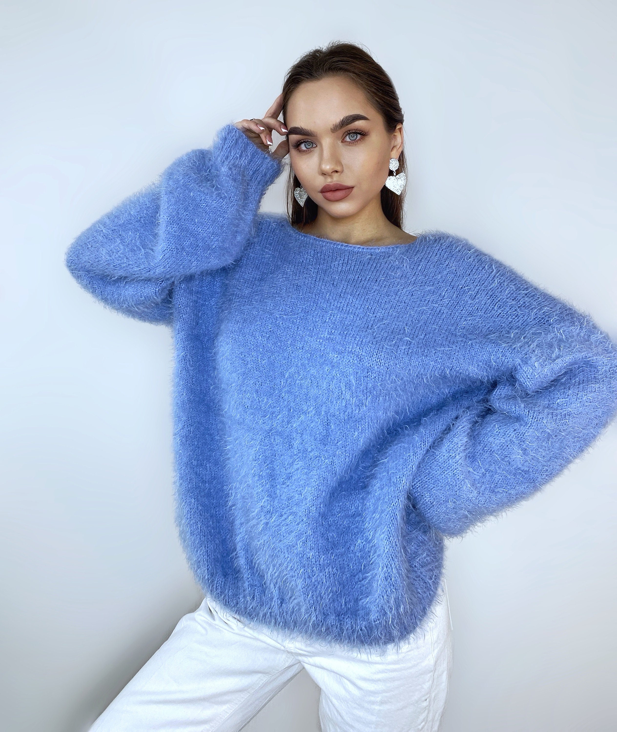 Wool Free Soft Fluffy Blue Hand Knit Body Friendly Sweater Open
