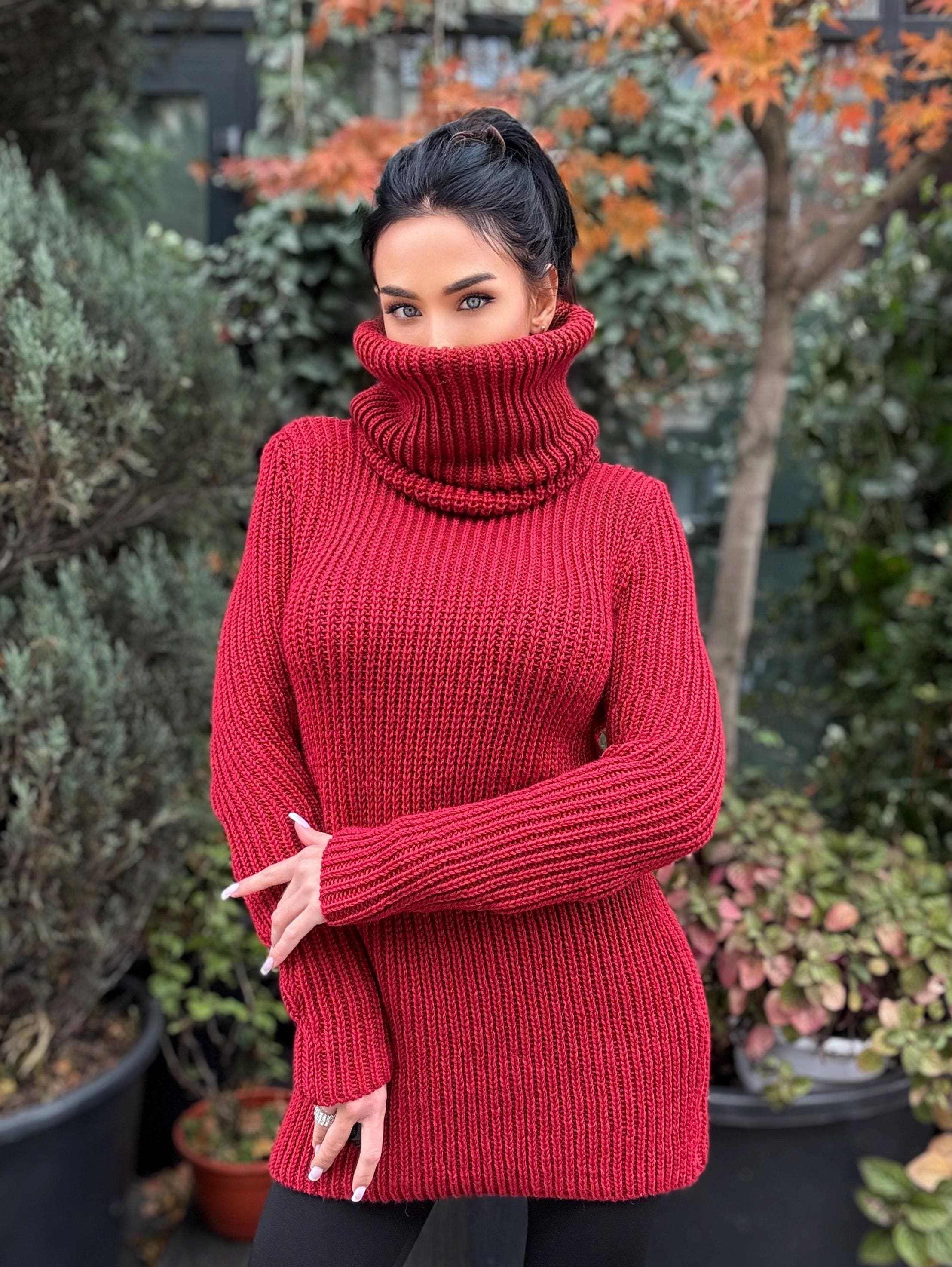 Hand Knit Merino Wool Red Burgundy Big High Collar Long Sleeves