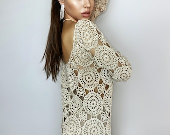 Beach dress/beach Cover-Ups/beige crochet dress/mini pastel cover-ups/cotton crochet dress/crochet vintage/beachwear/lace crochet dress