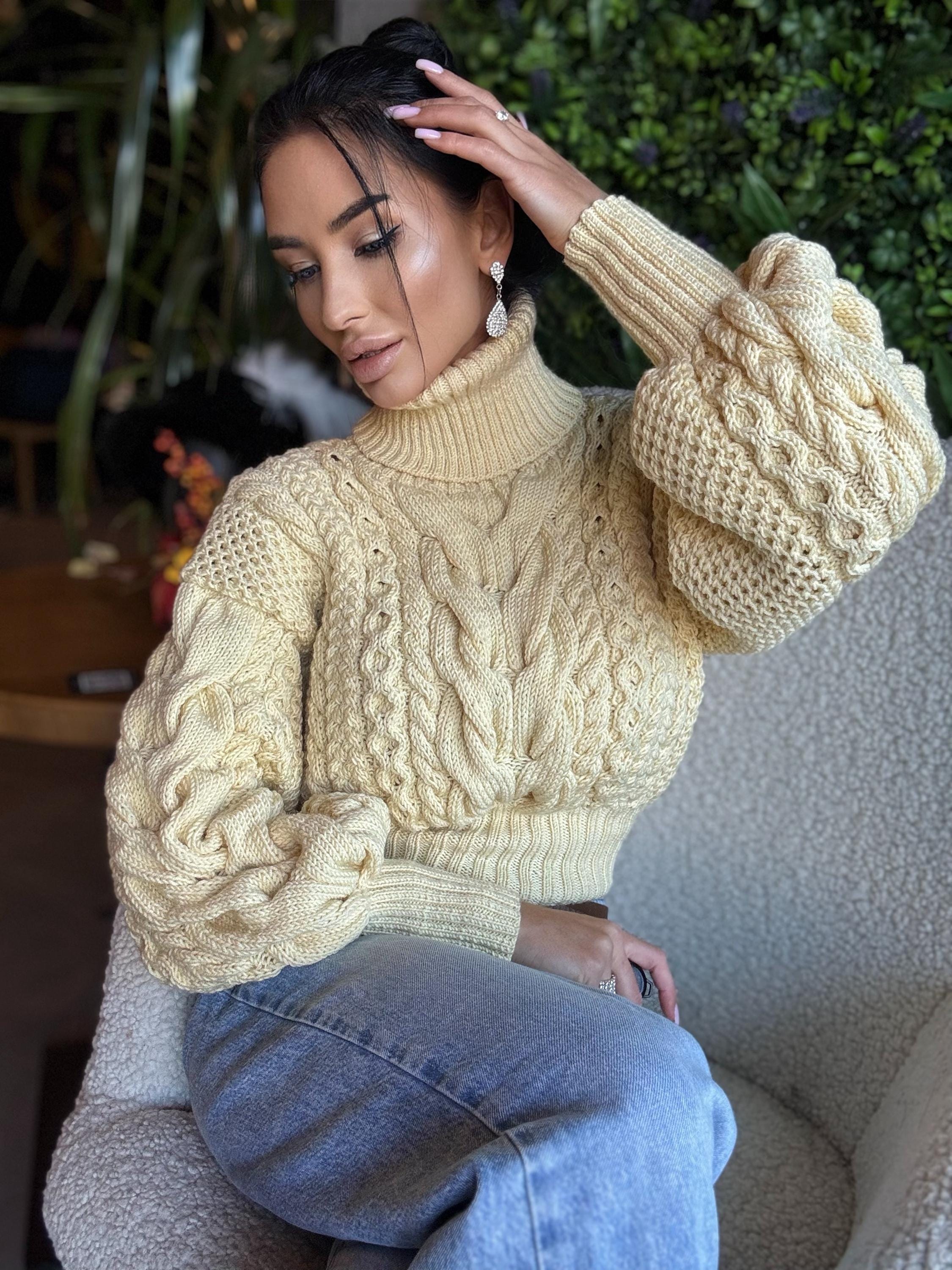 Cropped Wool Aran Cream Milk Pastel Hand Knitted Sweater Chunky