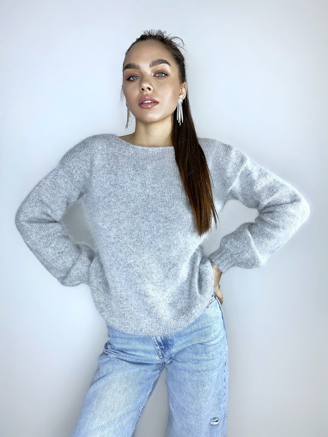 【SCENERITY】textured angora knit sweater-gray-mossy-angora-