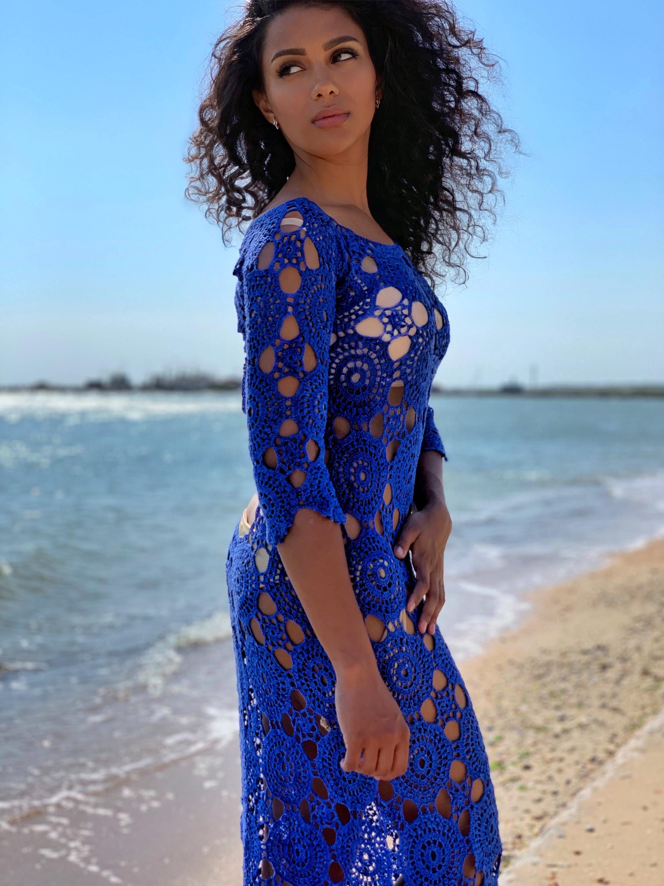 blue crochet beach dress Crochet Cut Out Beach Dress