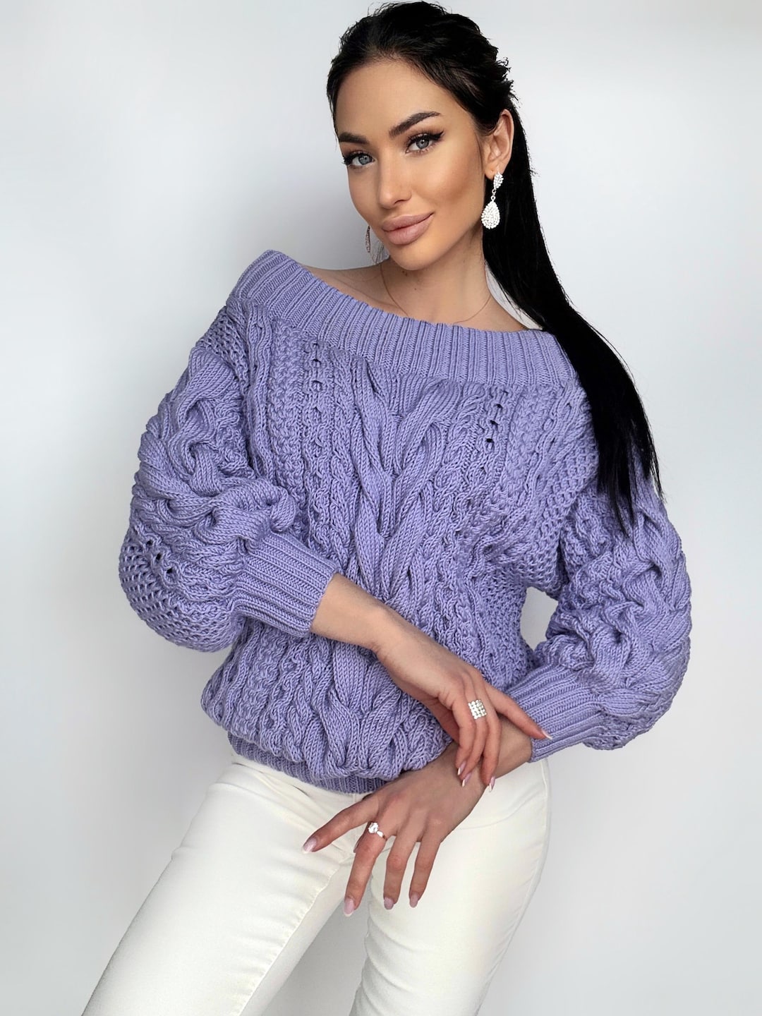 Hand Knit Cotton Lavender off Shoulders Sweater Women