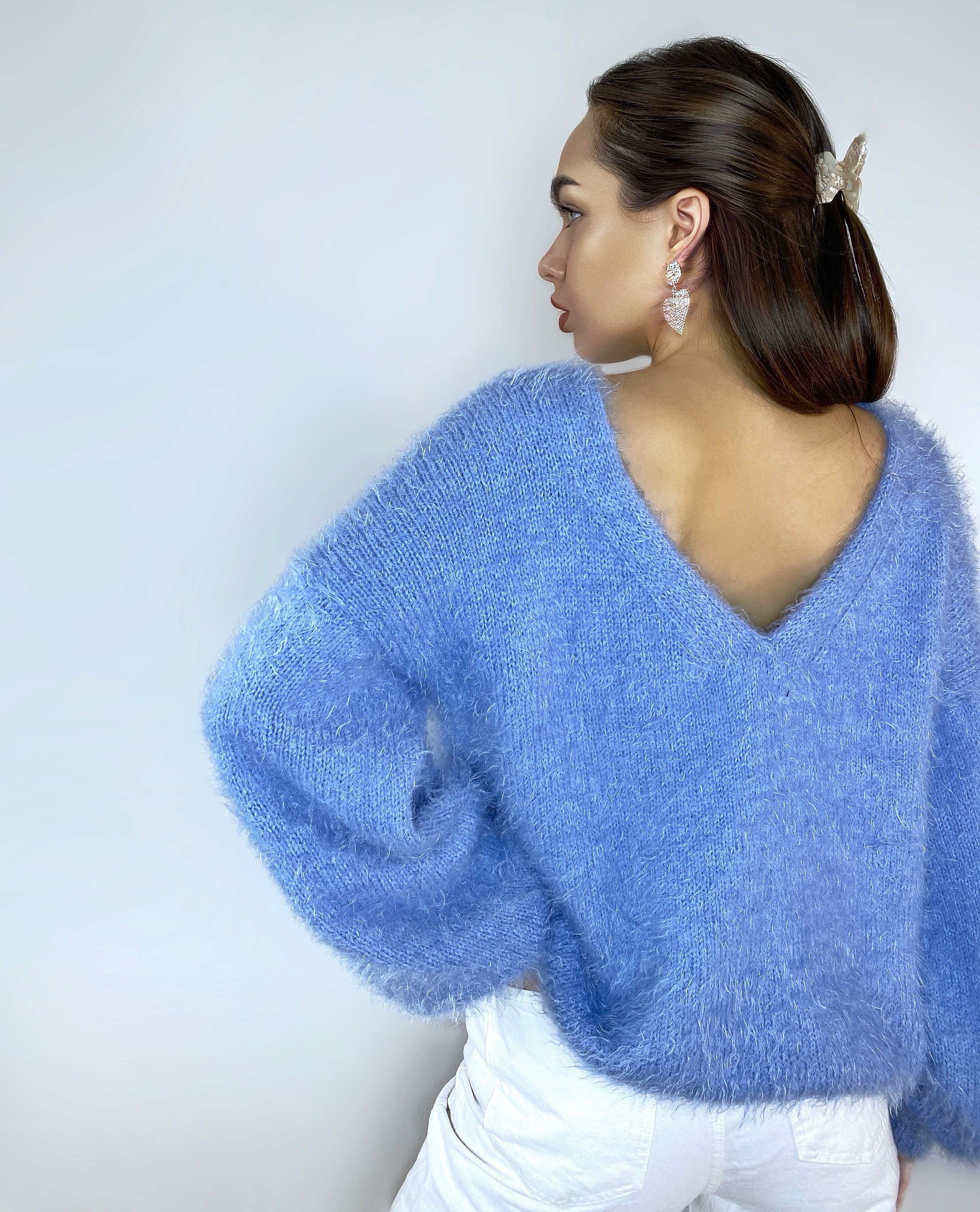 Wool Free Soft Fluffy Blue Hand Knit Body Friendly Sweater Open