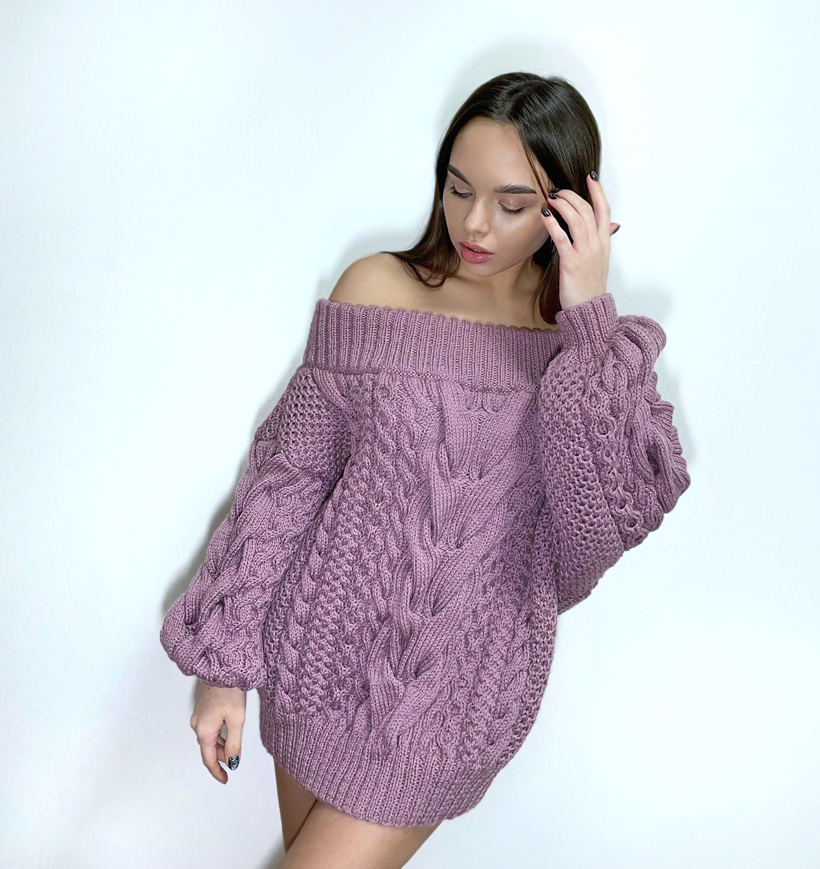 Hand Knitted Sweater Dress Women Loose Knit Jumper Oversized Sweater Purple Jumper Cable Knit Sweater off the Shoulder Etsy