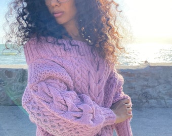 Cable hand knit wool pink sweater off the shoulder Loose pastel sweater Oversized chunky knit sweater Bulky cozy jumper Sustainable knitwear