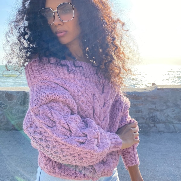 Cable hand knit wool pink sweater off the shoulder Loose pastel sweater Oversized chunky knit sweater Bulky cozy jumper Sustainable knitwear