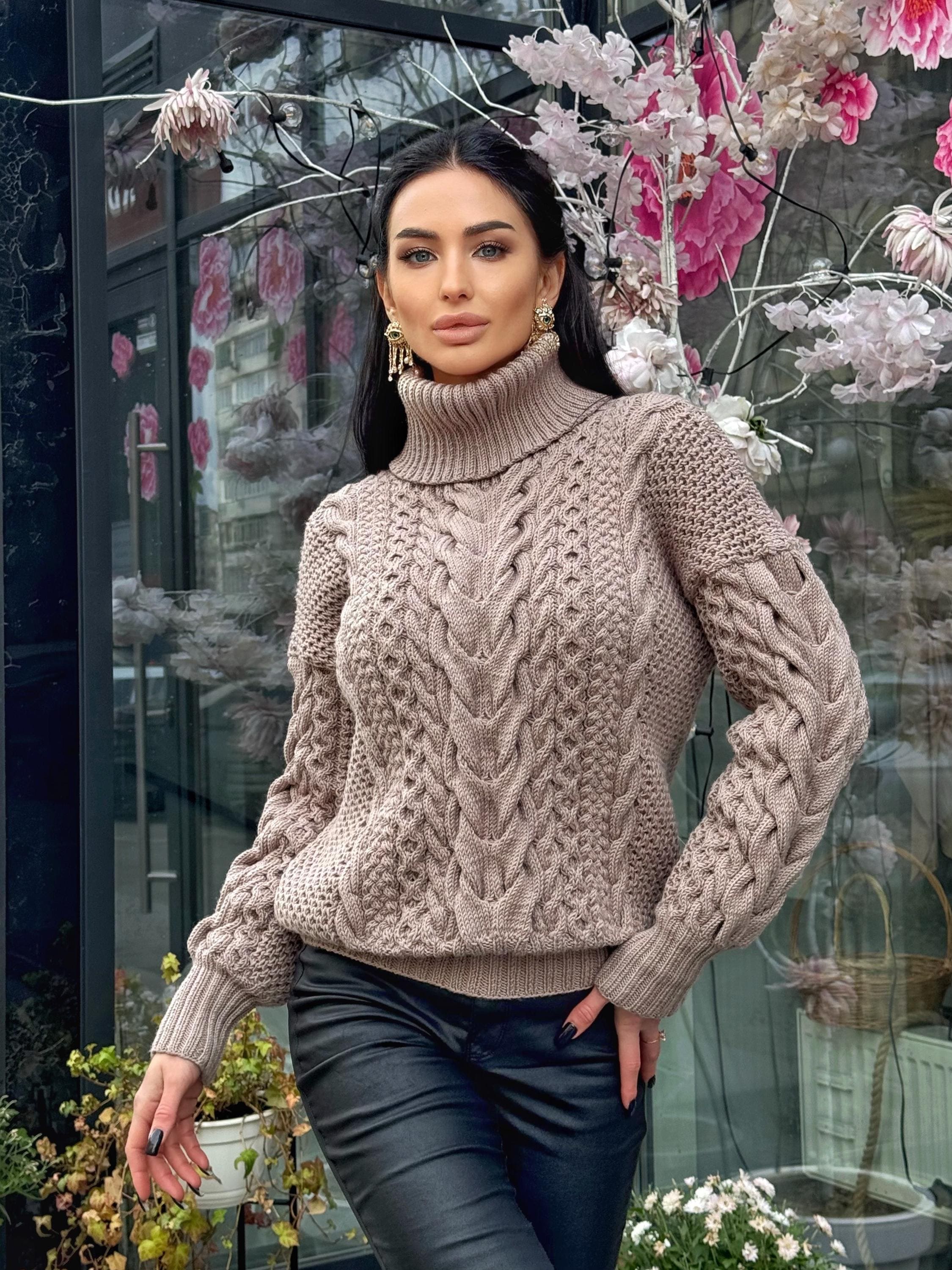 Aran Hand Knit Beige Mocha Light Brown Sweater Turtleneck Chunky