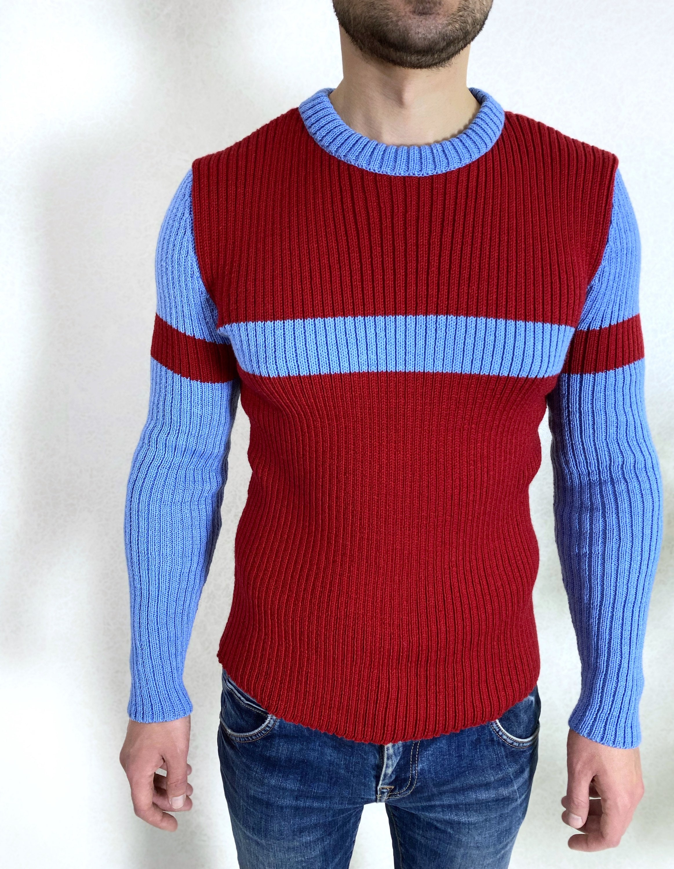 Hand Knit Mens Sweater Men's Turtleneck Blue Red Mens - Etsy