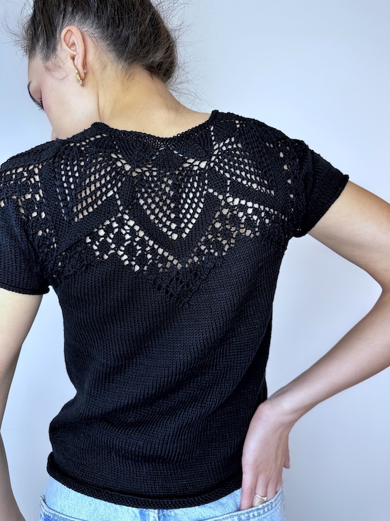 Knit Cotton Openwork Top T-shirt Women Slim Black Sweater Short