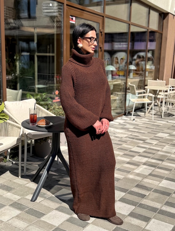 knit dress with puff sleeves Large hand chunky sweater merino wool maxi turtleneck Oversized long cozy winter outfit High big collar Women Dress Zara