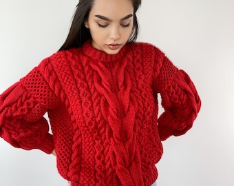 Red knit sweater women/knitted jumper/Chinky knit oversize /Cable knitting/Loose knit/Oversized/Knitted sweater/women red knitted sweater/