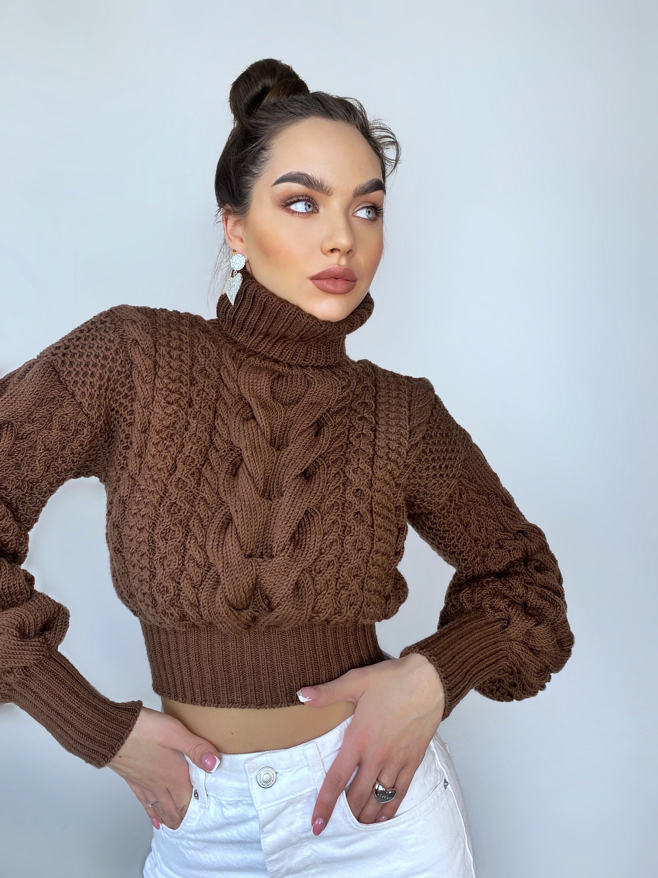 Crop Hand Knitted Chocolate Brown Merino Wool Sweater Chunky Knit