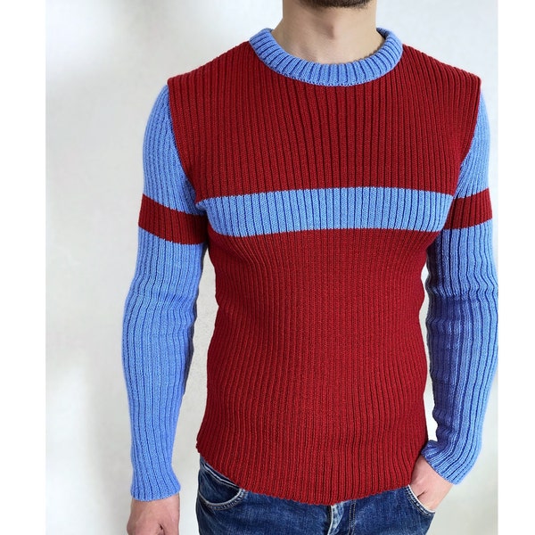 Hand knit mens sweater Men's turtleneck Blue red mens knitted sweater Men’s striped sweater gift for bestie Ribbed turtleneck sweater