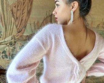 Angora light pink white sweater Open back Deep neckline Pastel fluffy angora pullover Loose fit oversized V-neck Top long sleevs Cozy gift