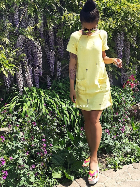 Knit Organic Cotton Mini Yellow Dress Short Sleeve Vintage Style Dress  Summer Lemon Milk Dress Beach Dress Distressed Sweater Dress - Etsy