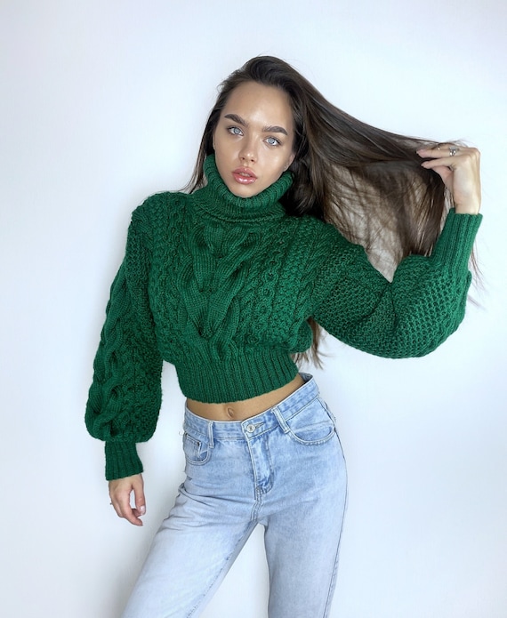 Crop Hand Knitted Green Emerald Sweater Chunky Knit Turtleneck