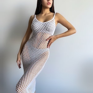 Sexy crochet white midi beach cover up women sexy mesh beach dress White beige wedding coverup Fishnet dress Summer Tunic Fishnet lingerie