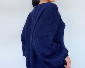 ダークブルーアンゴラニットセーターニットふわふわアンゴラプル