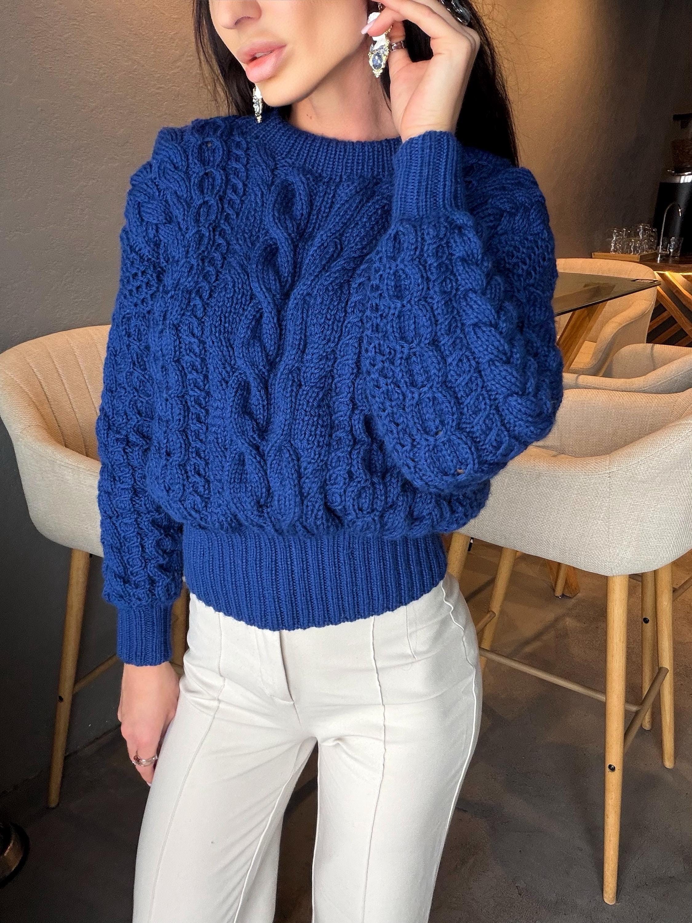 Cropped Hand Knit Merino Wool Dark Royal Blue Aran Sweater Top