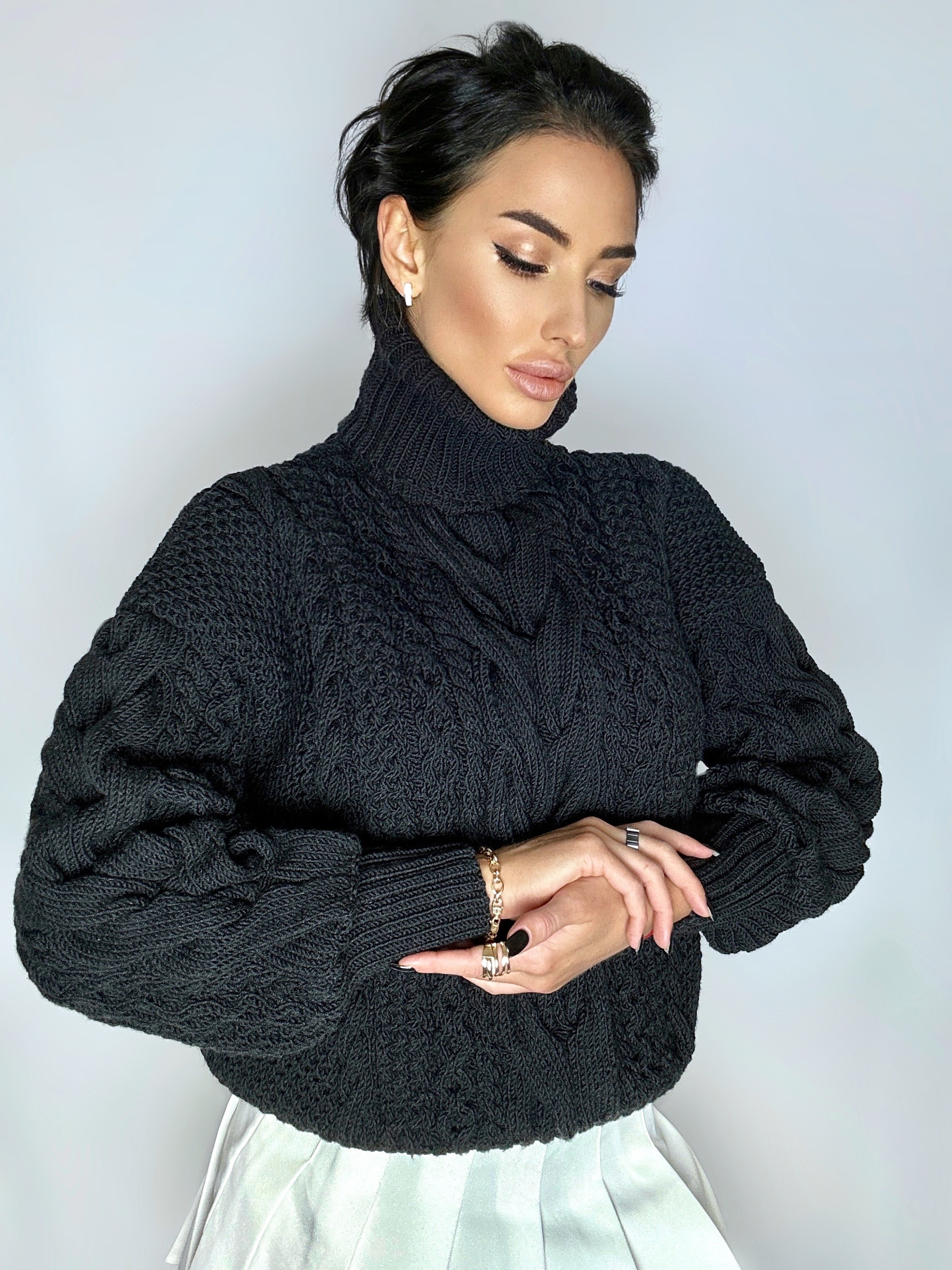 Knit Black Merino Wool Sweater Soft Holiday Sweater Chunky Knit