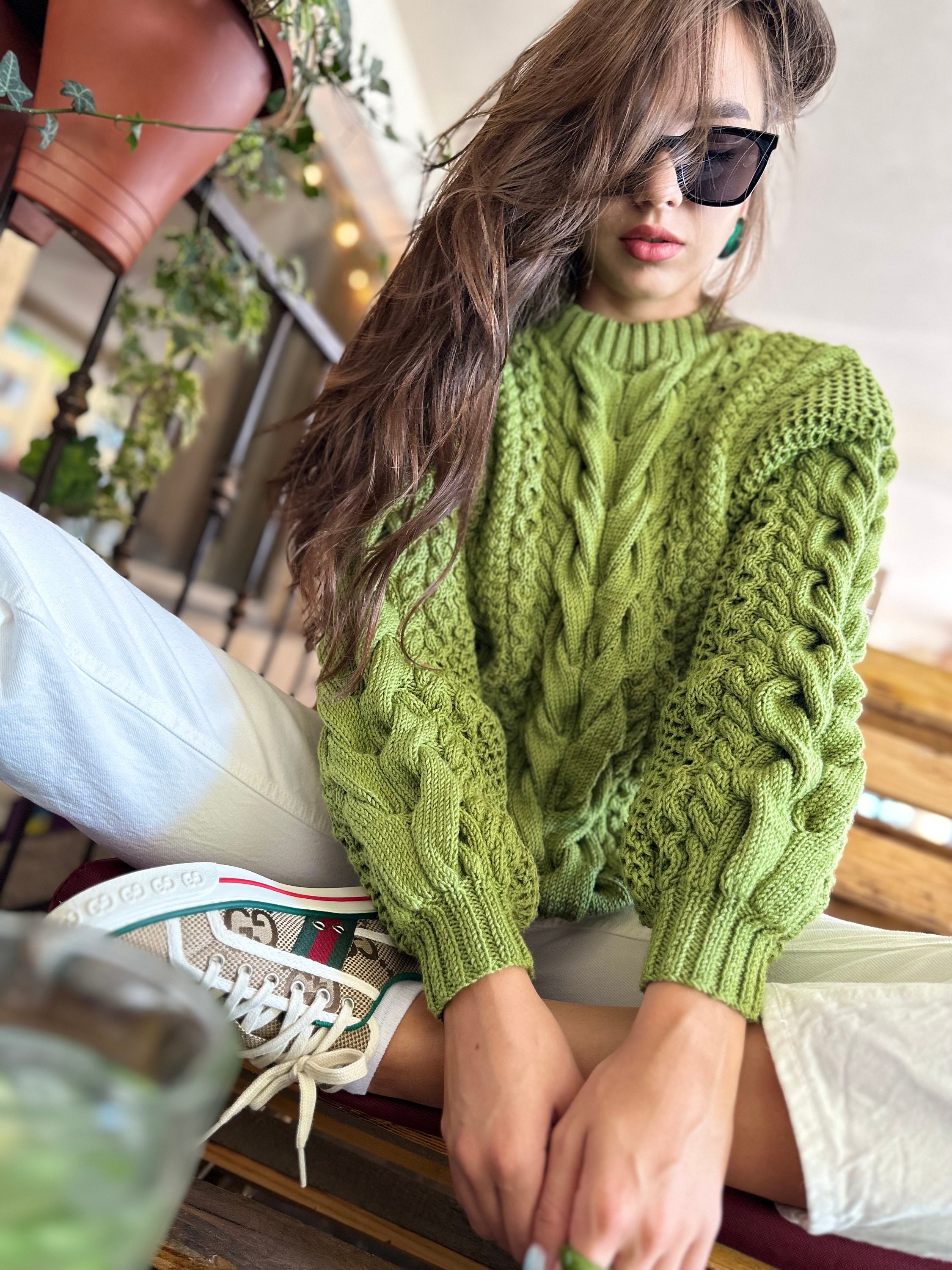 Green Olive Pistachio Thick Merino Wool Knit Sweater for Women