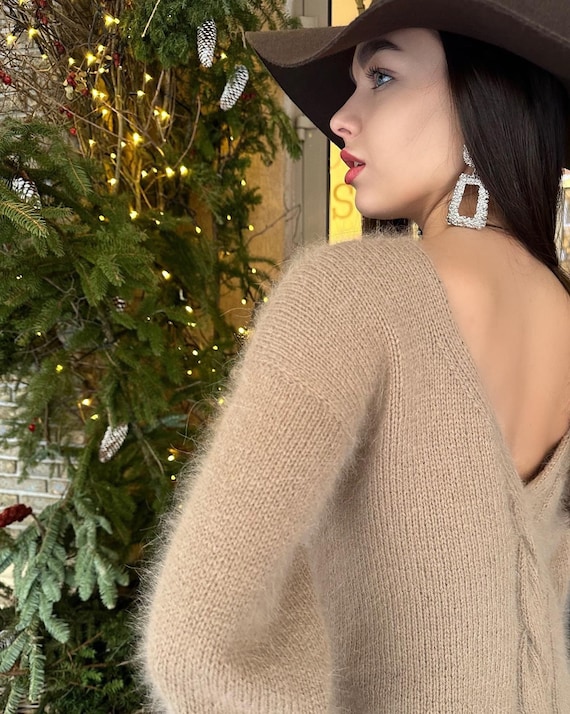 Beige Angora Sweater Open Back Deep Neckline Knit Pastel Fluffy 