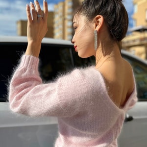 Light pink angora sweater Open back Deep neckline Knit Pastel fluffy angora pullover Loose fit oversized V-neck Top long sleevs Cozy gift