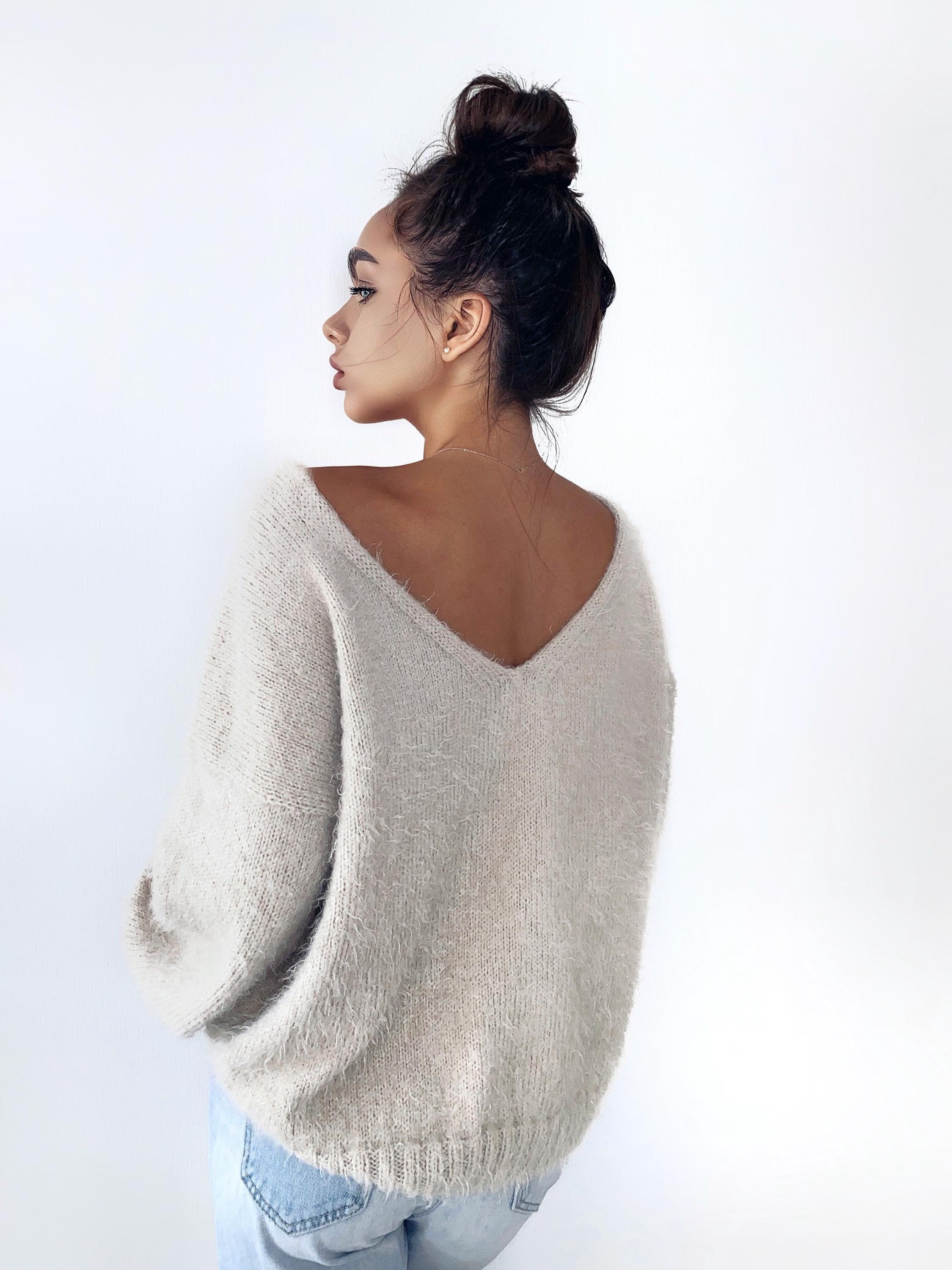 Beige soft fluffy wool-free sweater Hand knit body friendly sweater Open back Deep neckline Fluffy pullover Loose fit V-neck angora wool