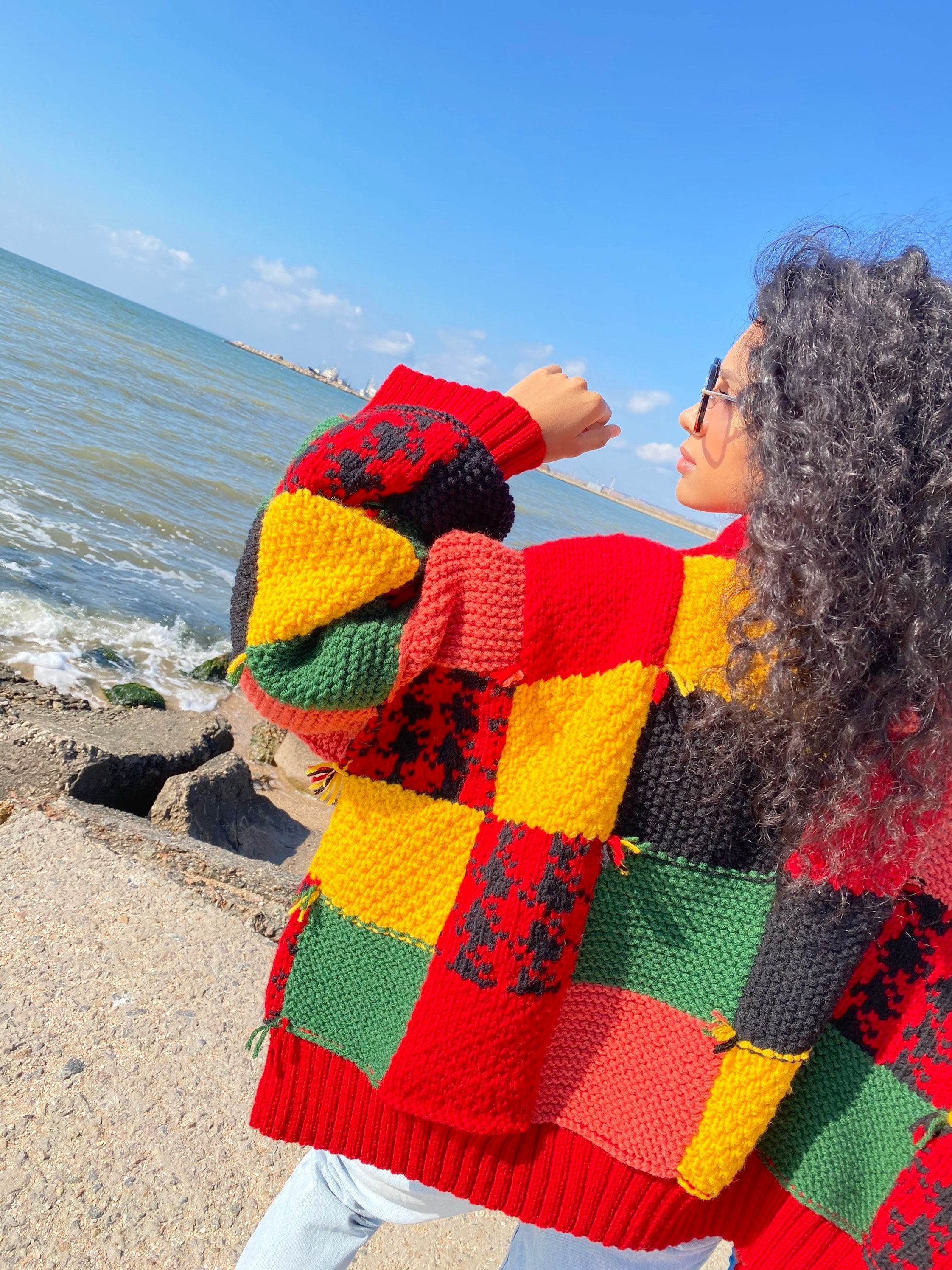 Hand Knit Merino Wool Red Green Yellow Patchwork Sweater Harry St